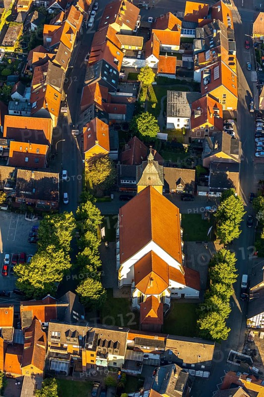 Aerial view, catholic St. Nikolaus church Wolbeck, Münster, Münsterland, North Rhine-Westphalia, Germany, place of worship, DE, Europe, religious community, place of worship, property tax, Herrenstraße, real estate, church, parish, denomination, aerial view, aerial photography, aerial photography, religion, overview, bird's-eye view, residential area, housing and living, residential area, residential buildings, residential quality, residential neighbourhood, housing estate, birds-eyes view, overview, red roofs