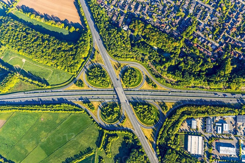 Aerial photograph, motorway junction Münster-Nord, motorway A1, federal road B54, Münster, Münsterland, North Rhine-Westphalia, Germany, motorway, motorway junction, DE, Europe, freight traffic, aerial photograph, aerial photography, aerial photography, road traffic, overview, traffic, traffic volume, bird's eye view, birds-eyes view, overview