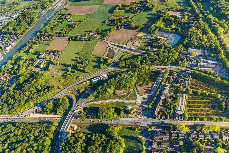 Aerial photo, new bridge construction, expansion of federal road B51, new construction of federal road B481n, south-east bypass, Münster road maintenance depot, Dortmund-Ems canal, Münster, Münsterland, North Rhine-Westphalia, Germany, construction work, construction area, construction site, construction measure, construction project, construction site, DE, Europe, canal, aerial photo, aerial photography, aerial photography, new construction, road traffic, overview, traffic volume, bird's eye view, bird's eye view, overview
