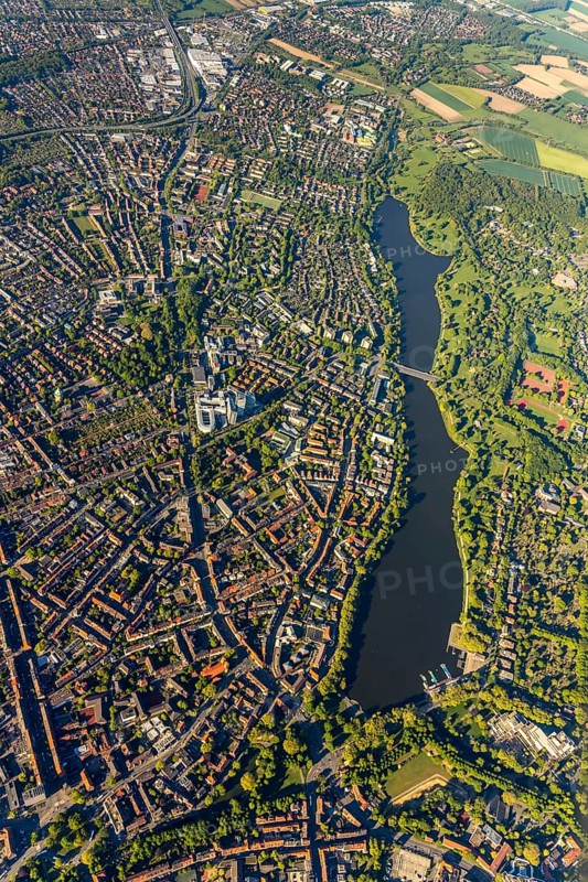 Aerial view, Aasee, Allwetterzoo, river Münstersche Aa, Münster, Münsterland, North Rhine-Westphalia, Germany, DE, Europe, football pitch, football stadium, aerial view, aerial photography, aerial photography, lake, Sentruper Höhe sports field, sports, sports facilities, sports park Sentruper Höhe, sports field, sports facility, reservoir, overview, bird's-eye view, zoo, birds-eyes view, overview