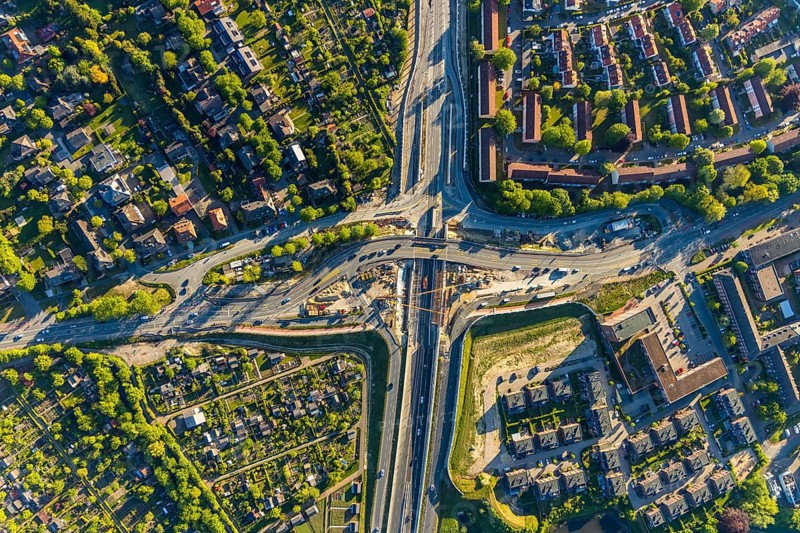 Aerial view, construction site road junction federal road B51, Wolbecker Straße, Münster, Münsterland, North Rhine-Westphalia, Germany, construction work, construction area, construction site, construction project, construction site, bridge, DE, Europe, aerial view, aerial photography, aerial photography, overview, bird's-eye view, overview
