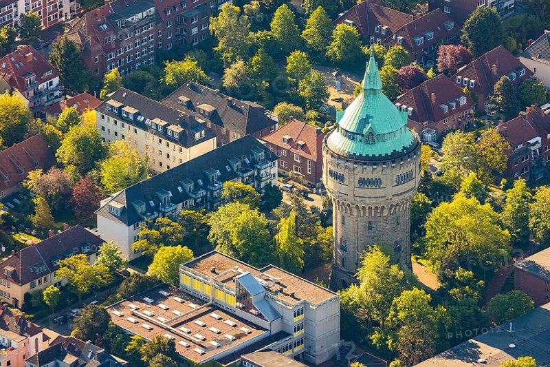 Aerial view, water tower Münster-Geistviertel, Münster, Münsterland, North Rhine-Westphalia, Germany, DE, Europe, aerial view, aerial photography, aerial photography, sight, Stadtwerke Münster, tower, overview, bird's eye view, water tower, water tower Auf Der Geist, birds-eyes view, overview
