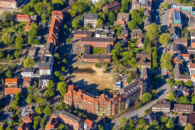 Aerial view, Westfälische Wilhelms-Universität Münster, Examination Office of the Faculty of Economics, Hüfferstraße, construction site, Münster, Münsterland, North Rhine-Westphalia, Germany, education, educational institution, DE, Europe, aerial view, aerial photography, aerial photography, overview, university, bird's eye view, birds-eyes view, overview
