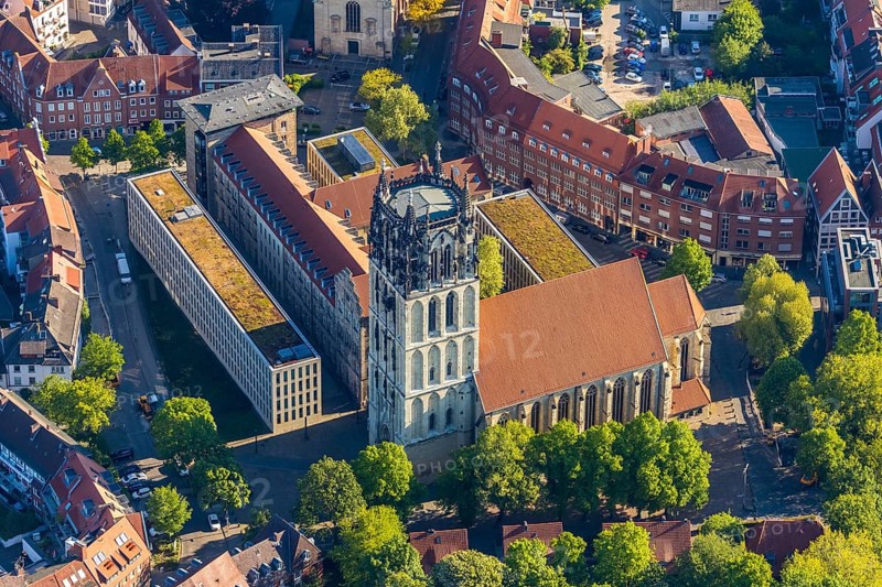 Aerial view, catholic Liebfrauen-Überwasserkirche, diocesan library Münster, Überwasserkirchplatz, Münster, Münsterland, North Rhine-Westphalia, Germany, old town, place of worship, DE, Europe, religious community, place of worship, church, parish, denomination, aerial view, aerial photography, aerial photography, religion, overview, bird's-eye view, historical city centre, overview