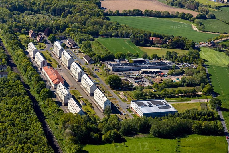 Aerial view, Speicherstadt Münster, An den Speichern, office and communication centre, LWL-Archäologie für Westfalen, Studieninstitut Westfalen-Lippe Fachbereich Fortbildung, Städtischer Bauhof, Münster, Münsterland, North Rhine-Westphalia, Germany, DE, Europe, commercial enterprises, commercial area, commercial park, commercial location, commercial use, aerial view, aerial photography, aerial photography, Speicher 10 event location, overview, bird's eye view, birds-eyes view, overview