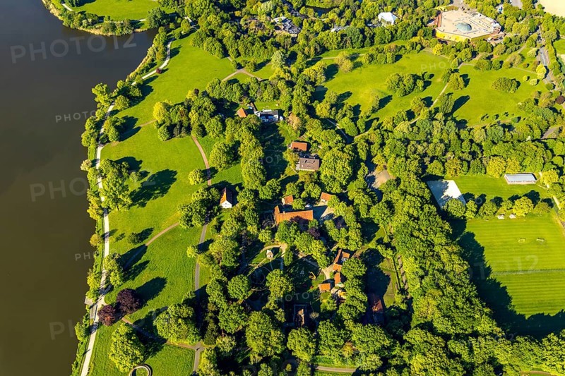 Aerial photograph, Mühlenhof open-air museum Münster, concrete rings artwork, Münster, Münsterland, North Rhine-Westphalia, Germany, exhibitions, DE, Donald Judd sculptor, Europe, open-air museum, culture, art, artwork, aerial photograph, aerial photography, aerial photography, museum, park, sculptures, overview, bird's-eye view, birds-eyes view, artisanal culture, overview