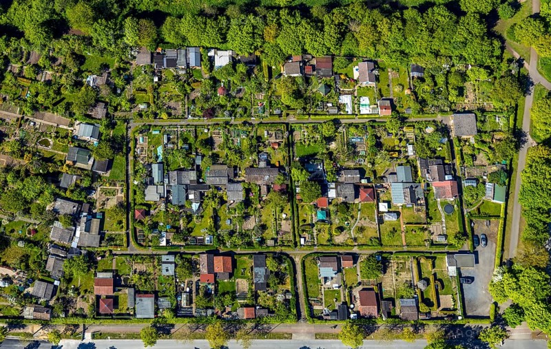Aerial view, allotment garden site Gut Grün, WienburgPark, Münster, Münsterland, North Rhine-Westphalia, Germany, DE, Europe, community garden, allotment garden, allotment garden site, allotment garden association, aerial view, aerial photography, aerial photography, allotment garden, overview, bird's-eye view, overview