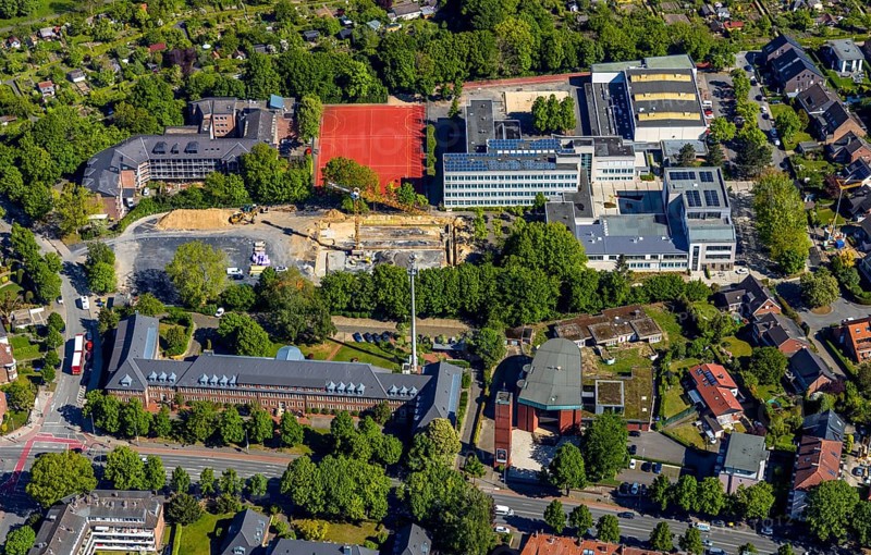 Aerial photo, Pascal-Gymnasium, Evangelische Perthes-Stiftung e. V., Münster, Münsterland, North Rhine-Westphalia, Germany, care and nursing, education, educational institution, DE, Europe, grammar school, teaching institute, aerial photo, aerial photography, aerial photography, care facility, school, sports field, overview, bird's-eye view, overview