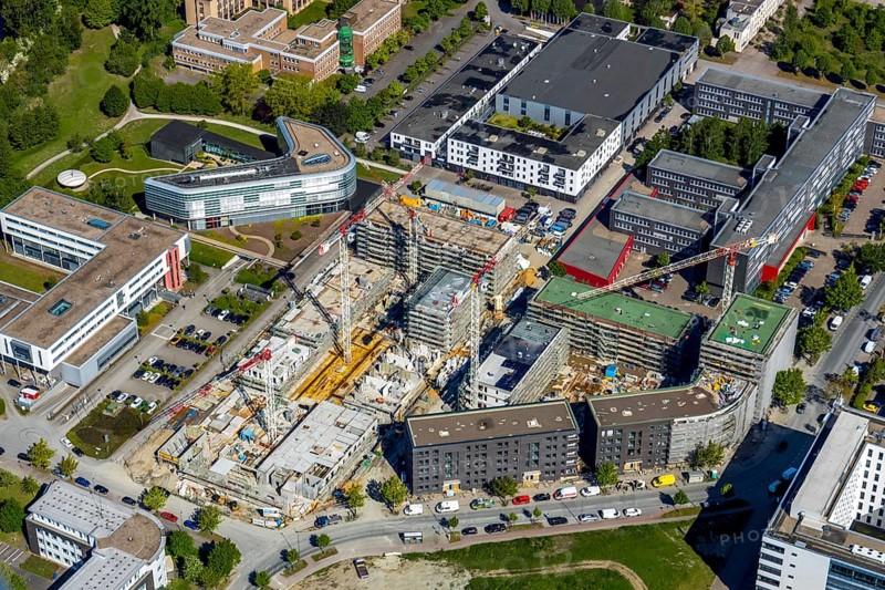 Aerial view, city centre district Zentrum-Nord, construction site residential quarters Anton-Bruchausen-Straße, district government Münster, Münster, Münsterland, North Rhine-Westphalia, Germany, DE, Europe, commercial buildings, property tax, real estate, aerial photograph, aerial photography, aerial photography, overview, administrative location, bird's-eye view, residential complex, living and working, living and life, residential area, residential buildings, residential quarter, housing estate, bird's-eye view, overview