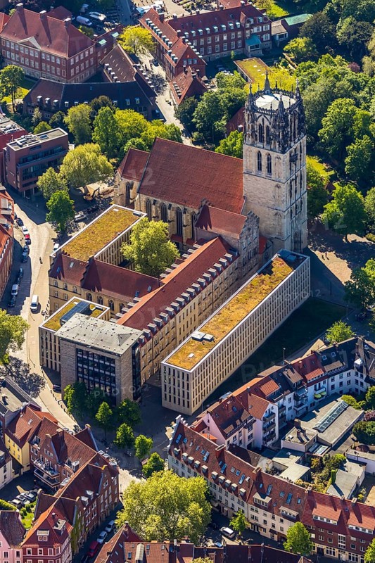 Aerial view, catholic Liebfrauen-Überwasserkirche, diocesan library Münster, Überwasserkirchplatz, Münster, Münsterland, North Rhine-Westphalia, Germany, old town, place of worship, DE, Europe, religious community, place of worship, church, parish, denomination, aerial view, aerial photography, aerial photography, religion, overview, bird's-eye view, historical city centre, overview