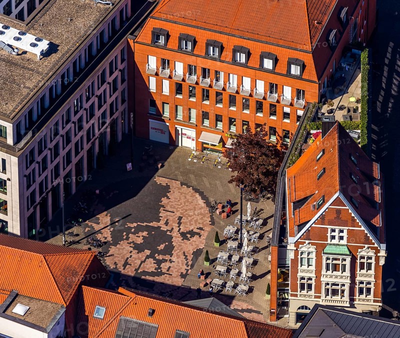 Aerial view, Picasso Square, Picasso portrait, Münster, Münsterland, North Rhine-Westphalia, Germany, Old Town, DE, Europe, graphics, culture, art, Königstraße, artist, aerial view, aerial photography, aerial photography, museum, overview, bird's eye view, birds-eyes view, overview, Spanish painter