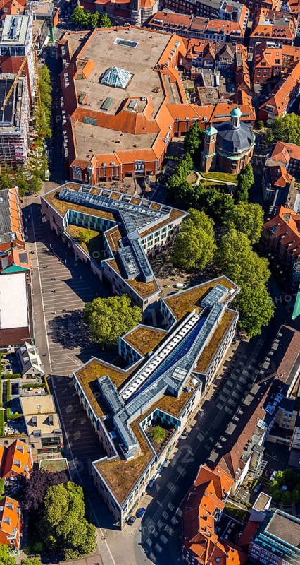 Aerial view, GALERIA Karstadt and shopping centre, Clemenskirche, Münster, Münsterland, North Rhine-Westphalia, Germany, place of worship, DE, shopping centre, shopping markets, shopping square, shopping street, shopping centre, Europe, religious community, place of worship, church, parish, denomination, aerial view, aerial photography, aerial photography, aerial photography, religion, shopping, shopping, overview, bird's eye view, birds-eyes view, overview