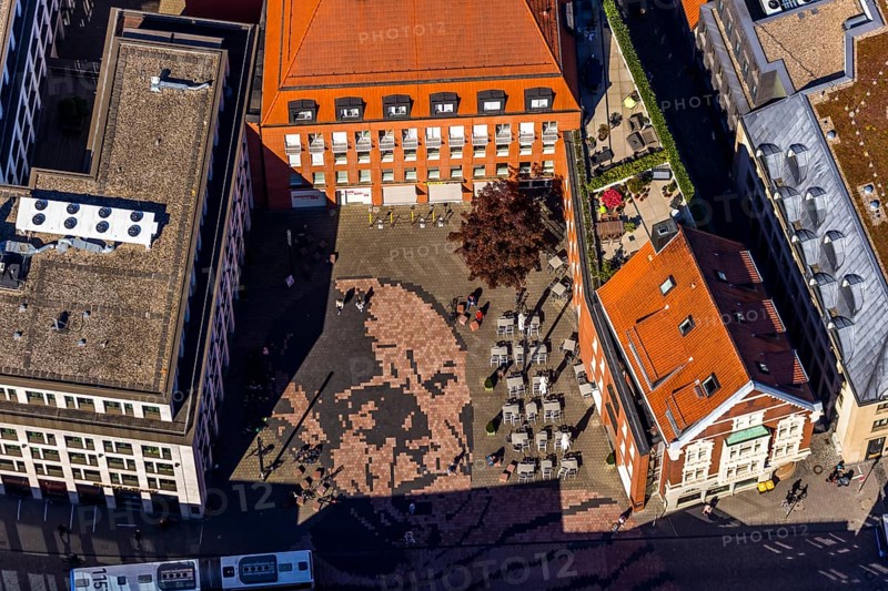 Aerial view, Picasso Square, Picasso portrait, Münster, Münsterland, North Rhine-Westphalia, Germany, Old Town, DE, Europe, graphics, culture, art, Königstraße, artist, aerial view, aerial photography, aerial photography, museum, overview, bird's eye view, birds-eyes view, overview, Spanish painter