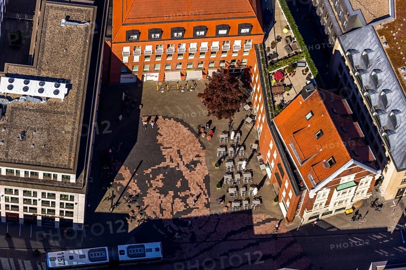 Aerial view, Picasso Square, Picasso portrait, Münster, Münsterland, North Rhine-Westphalia, Germany, Old Town, DE, Europe, graphics, culture, art, Königstraße, artist, aerial view, aerial photography, aerial photography, museum, overview, bird's eye view, birds-eyes view, overview, Spanish painter