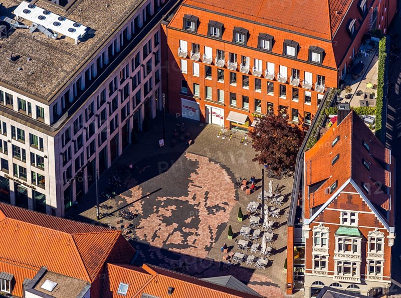 Aerial view, Picasso Square, Picasso portrait, Münster, Münsterland, North Rhine-Westphalia, Germany, Old Town, DE, Europe, graphics, culture, art, Königstraße, artist, aerial view, aerial photography, aerial photography, museum, overview, bird's eye view, birds-eyes view, overview, Spanish painter