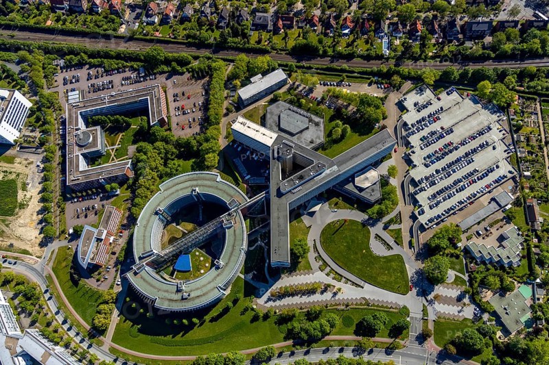 Aerial view, German Pension Insurance Westphalia, Münster, Münsterland, North Rhine-Westphalia, Germany, DE, Europe, Gartenstraße, aerial view, aerial photography, aerial photography, car parks, pension insurance, overview, pension office, bird's eye view, birds-eyes view, overview