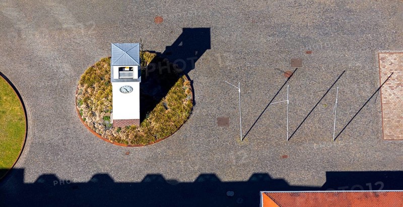 Aerial view, small house with clock, Speicherstadt Münster, An den Speichern, Münster, Münsterland, North Rhine-Westphalia, Germany, DE, Europe, aerial view, aerial photography, aerial photography, overview, bird's eye view, birds-eyes view, overview