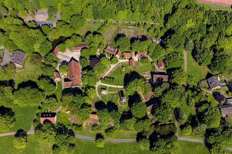 Aerial view, Mühlenhof-Freilichtmuseum Münster, mill, Münster, Münsterland, North Rhine-Westphalia, Germany, DE, Dorfkrug restaurant, food and drink, Europe, open-air museum, inn, gastronomy, culture, art, aerial photography, aerial photography, aerial photography, museum, overview, bird's eye view, birds-eyes view, cultural use, overview