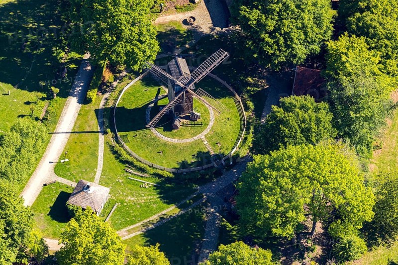 Aerial view, Mühlenhof-Freilichtmuseum Münster, mill, Münster, Münsterland, North Rhine-Westphalia, Germany, DE, Europe, open-air museum, culture, art, aerial photograph, aerial photography, aerial photography, museum, overview, bird's-eye view, birds-eyes view, cultural use, overview