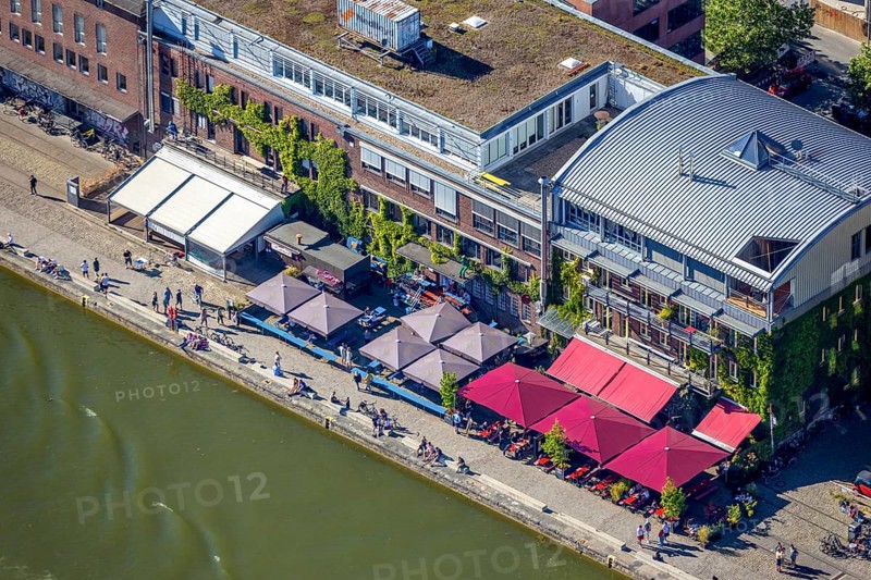 Aerial view, Münster city harbour, harbour promenade, harbour, Münster, Münsterland, North Rhine-Westphalia, Germany, outdoor gastronomy, CaféMed, DE, Europe, leisure, leisure activities, leisure centre, gastronomy, commercial enterprises, commercial area, commercial location, commercial use, harbour district, Harbourside, Klartext-Verlag, culture, aerial view, aerial photography, aerial photography, Münster from above, Münster book, trendy district, overview, bird's eye view, birds-eyes view, overview, Corona distance. Corona distance, pandemic restrictions, end of lockdown
