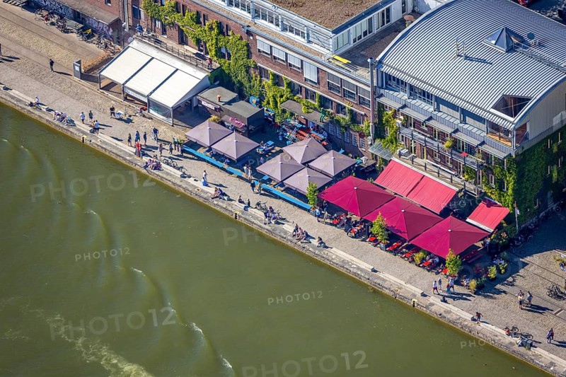 Aerial view, Münster city harbour, harbour promenade, harbour, Münster, Münsterland, North Rhine-Westphalia, Germany, outdoor gastronomy, CaféMed, DE, Europe, leisure, leisure activities, leisure centre, gastronomy, commercial enterprises, commercial area, commercial location, commercial use, harbour district, Harbourside, Klartext-Verlag, culture, aerial view, aerial photography, aerial photography, Münster from above, Münster book, trendy district, overview, bird's eye view, birds-eyes view, overview, Corona distance. Corona distance, pandemic restrictions, end of lockdown