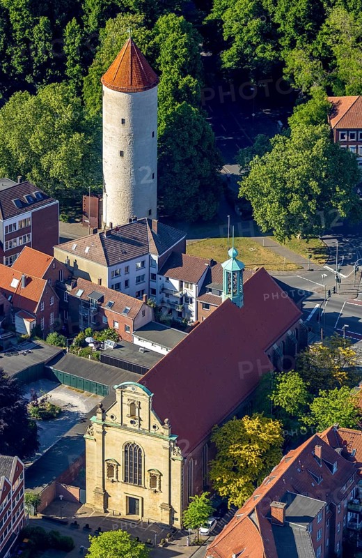 Aerial photo, Protestant University Church, Buddenturm, Münster, Münsterland, North Rhine-Westphalia, Germany, place of worship, DE, Europe, religious community, place of worship, church, parish, Klartext-Verlag, denomination, aerial photograph, aerial photography, aerial photography, Münster from above, Münster book, religion, tower, overview, bird's-eye view, overview