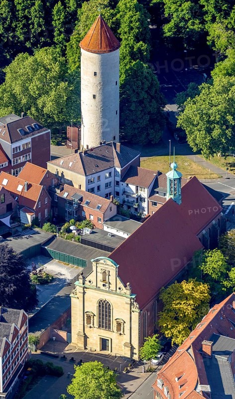 Aerial photo, Protestant University Church, Buddenturm, Münster, Münsterland, North Rhine-Westphalia, Germany, place of worship, DE, Europe, religious community, place of worship, church, parish, Klartext-Verlag, denomination, aerial photograph, aerial photography, aerial photography, Münster from above, Münster book, religion, tower, overview, bird's-eye view, overview