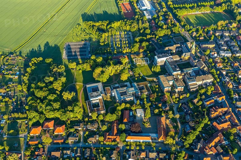 Aerial view, Rehabilitation centre at St. Josef-Stift, St. Josef-Stift Sendenhorst clinic for rheumatology, chapel & historical part of St. Josef-Stift, cath. Primary school, Kindergarten Sankt Michael, Sendenhorst, Warendorf district, Münsterland, North Rhine-Westphalia, Germany, place of worship, DE, Europe, football pitch, football stadium, football club, healthcare, religious community, place of worship, hospital, kindergarten, day nursery, crèche, day care centre, church, parish, day nursery, clinic, clinic centre, denomination, hospital, aerial view, aerial photography, aerial photography, medical facility, medical aid, emergency service, religion, sport, sports facilities, sports field, sports facility, tennis, overview, bird's-eye view, Westtor sports field, birds-eyes view, overview, medical care