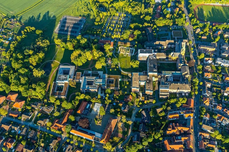 Aerial view, Rehabilitation Centre at St. Josef-Stift, St. Josef-Stift Sendenhorst Clinic for Rheumatology, Chapel & historical part of St. Josef-Stift, cath. Primary school, St. Michael's Kindergarten, Sendenhorst, Warendorf district, Münsterland, North Rhine-Westphalia, Germany, place of worship, DE, Europe, healthcare, religious community, place of worship, hospital, kindergarten, day nursery, crèche, day care centre, church, parish, day nursery, clinic, clinic centre, denomination, hospital, aerial view, aerial photography, aerial photography, medical facility, medical aid, emergency service, religion, overview, bird's-eye view, Westtor sports field, birds-eyes view, overview, medical care