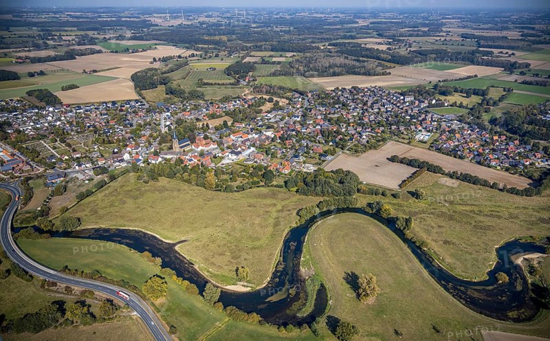Aerial view, river Lippe, Lippe meadows, nature reserve, bridge Heintroper Straße over the Lippe, view of Lippborg, Lippetal, district Soest, North Rhine-Westphalia, Germany, place of worship, federal road B475, DE, Europe, religious community, place of worship, main street, church, parish, denomination, Kreis-Soest-Buch, KreisSoestBuch, aerial photography, aerial photography, NSG, nature conservation, religion, overview, environmental protection, bird's-eye view, meadows and fields, meadows and pastures, birds-eyes view, catholic church of St. Cornelius and St. Cyprelius, church of St. Cyprelius and St. Cyprelius Church of St Cornelius and Cyprian, national nature reserve, overview