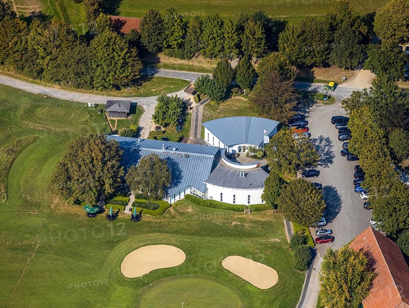 Aerial view, golf course, Golfclub Stahlberg im Lippetal e.V., Ebbeckeweg, Lippborg, Lippetal, Kreis Soest, North Rhine-Westphalia, Germany, clubhouse, DE, Europe, golf, golf course, golf club, Kreis-Soest-Buch, KreisSoestBuch, aerial view, aerial photography, aerial photography, sports, overview, bird's-eye view, meadows and fields, birds-eyes view, overview
