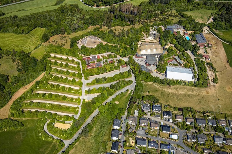 Aerial view, Elspe-Festival-Gelände, Zur Naturbühne, Lennestadt, Sauerland, North Rhine-Westphalia, Germany, DE, Europe, event location, Karl-May Festival, culture, art, aerial photography, aerial photography, aerial photography, overview, events, venue, event location, bird's eye view, birds-eyes view, overview