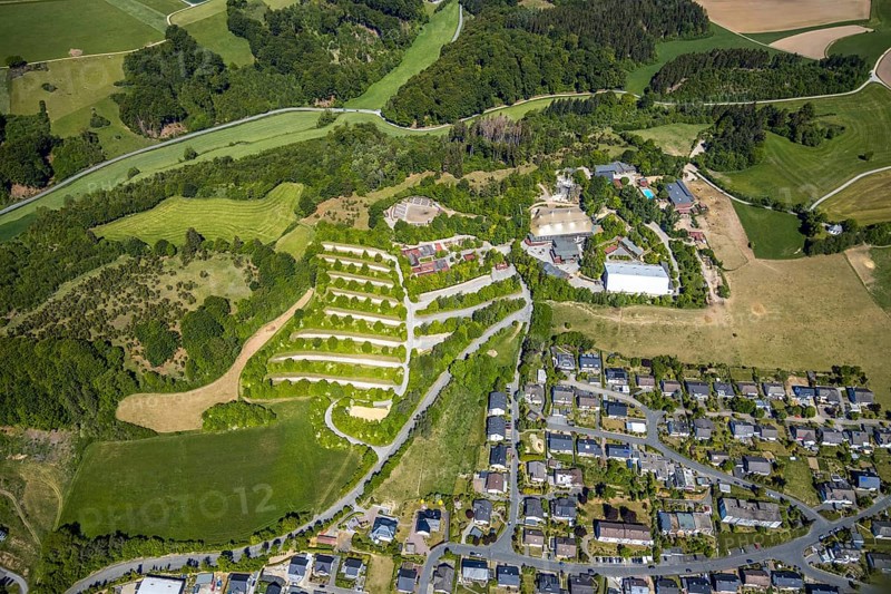 Aerial view, Elspe-Festival-Gelände, Zur Naturbühne, Lennestadt, Sauerland, North Rhine-Westphalia, Germany, DE, Europe, event location, Karl-May Festival, culture, art, aerial photography, aerial photography, aerial photography, overview, events, venue, event location, bird's eye view, birds-eyes view, overview
