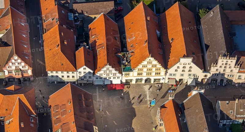 Aerial view, old town, market place, Lemgo, East Westphalia-Lippe, OWL, North Rhine-Westphalia, Germany, Old Hanseatic City of Lemgo, DE, Europe, aerial view, aerial photography, aerial photography, OWL book, OWL book, East Westphalia book, town hall, overview, bird's eye view, birds-eyes view, historic old town, historic house facades, historic landmark, overview, red roofs
