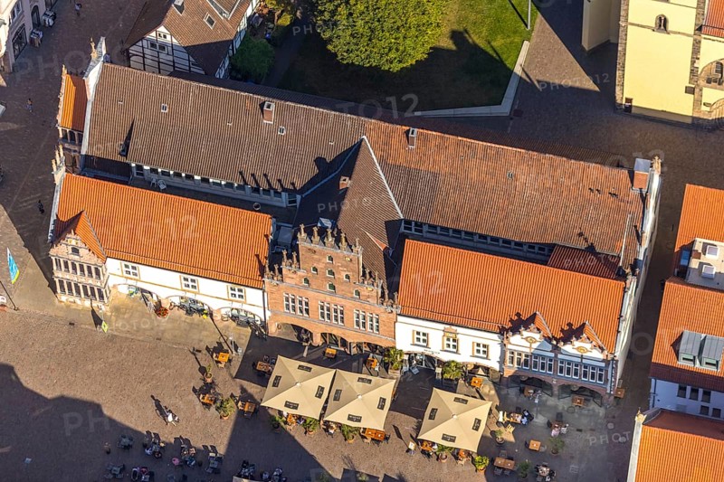 Aerial view, old town, town hall, market place, Lemgo, East Westphalia-Lippe, OWL, North Rhine-Westphalia, Germany, Old Hanseatic City of Lemgo, authority, DE, Europe, aerial view, aerial photography, aerial photography, OWL book, OWL book, East Westphalia book, city administration, overview, bird's eye view, birds-eyes view, historic old town, historic house facades, historic landmark, overview, red roofs