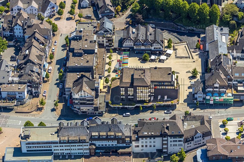 Aerial view, market place, shopping centre, Altenhundem, Lennestadt, Sauerland, North Rhine-Westphalia, Germany, DE, shopping markets, shopping place, shopping street, Europe, aerial view, aerial photography, aerial photography, local supply centre, overview, bird's-eye view, overview