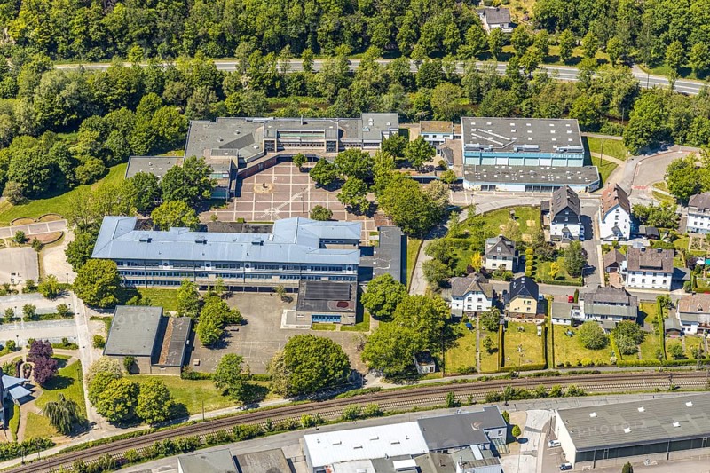 Aerial view, secondary school Hundem-Lenne, St. Barbara-Schule Meggen, theatre of the city of Lennestadt, Anne-Frank-Platz, Meggen, Lennestadt, Sauerland, North Rhine-Westphalia, Germany, education, educational institution, DE, Europe, culture, art, teaching institute, aerial photography, aerial photography, aerial photography, drama, school, theatre, overview, events, venue, bird's eye view, birds-eyes view, cultural use, overview