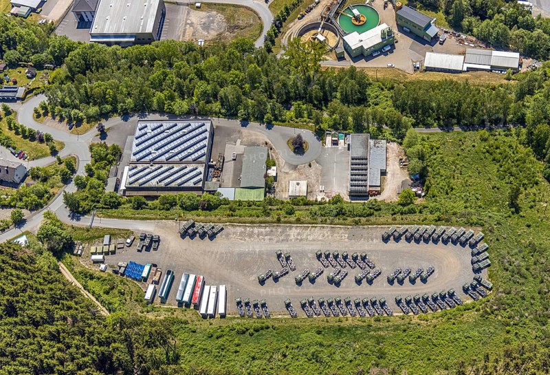 Aerial photo, Eswo-tech GmbH, Pontax warehouse, lorry park, Lennestadt, Sauerland, North Rhine-Westphalia, Germany, DE, Europe, commercial enterprises, commercial area, commercial site, commercial use, industrial area, industrial site, aerial photograph, aerial photography, aerial photography, overview, bird's-eye view, birds-eyes view, overview
