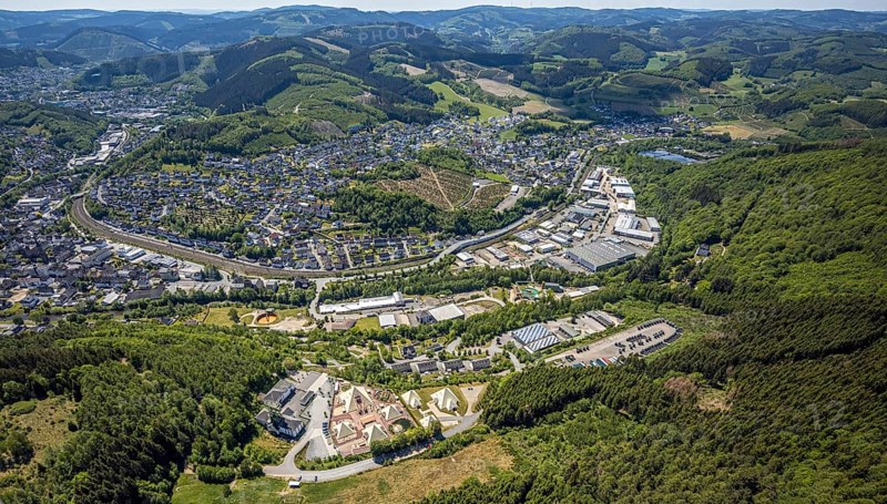 Aerial view, Galileo-Park, Sauerland Pyramids, Mining Museum Siciliaschacht, view to Meggen, Lennestadt, Sauerland, North Rhine-Westphalia, Germany, DE, Europe, aerial view, aerial photography, aerial photography, museum, overview, bird's-eye view, birds-eyes view, overview