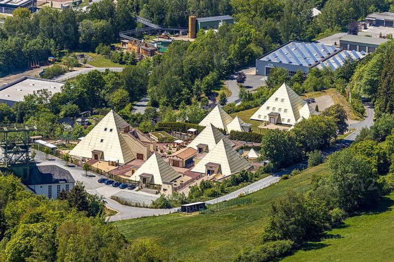 Aerial view, Galileo-Park, Sauerland Pyramids, Mining Museum Siciliaschacht, Lennestadt, Sauerland, North Rhine-Westphalia, Germany, DE, Europe, aerial view, aerial photography, aerial photography, museum, overview, bird's-eye view, overview