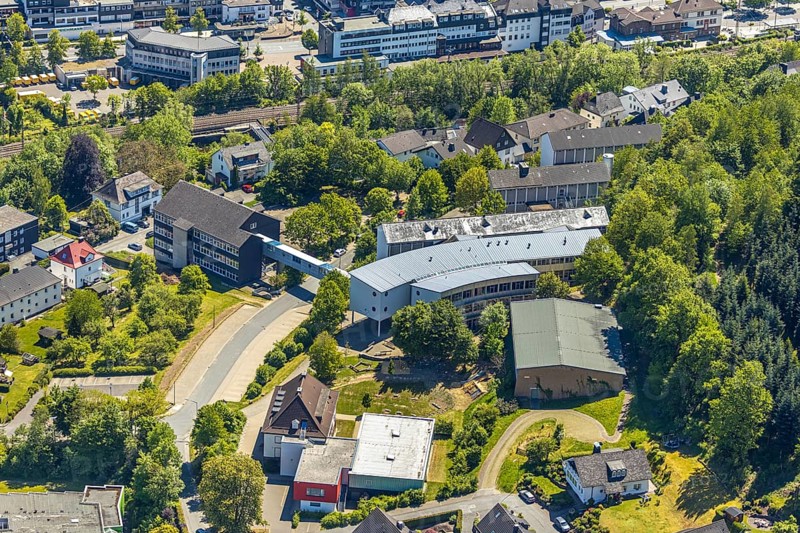Aerial view, Gymnasium der Stadt Lennestadt, Altenhundem, Lennestadt, Sauerland, North Rhine-Westphalia, Germany, education, educational institution, DE, Europe, grammar school, educational institute, aerial view, aerial photography, aerial photography, school, overview, bird's-eye view, overview