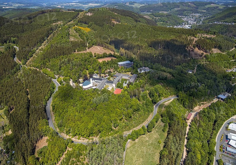 Aerial view, Private Gymnasium Maria Königin, Jugendhof Pallotti Lennestadt, Mission House, Altenhundem, Lennestadt, Sauerland, North Rhine-Westphalia, Germany, education, educational institution, DE, Europe, grammar school, teaching institute, aerial view, aerial photography, aerial photography, school, overview, bird's eye view, forest area, birds-eyes view, overview