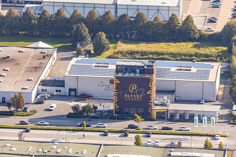 Aerial view, Peters SchokoWelt, chocolate factory, Lippstadt, district of Soest, North Rhine-Westphalia, Germany, DE, world of experience, Europe, Hansastrasse, district of Soest-Buch, district of Soest-Buch, aerial view, aerial photography, aerial photography, museum, Peters Pralinen, chocolate museum, overview, bird's-eye view, overview