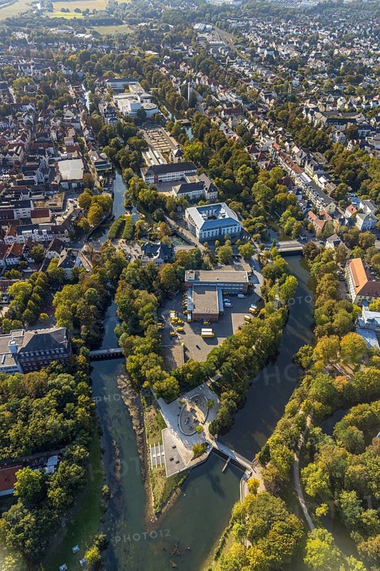 Aerial view, View of town, Im Grünen Winkel Spielplatz Entenei, River Lippe, Stadttheater Lippstadt, Lippstadt, Kreis Soest, North Rhine-Westphalia, Germany, education, educational institution, DE, Deutsche Post DHL, Europe, Europaschule Ostendorf-Gymnasium, gastronomy, primary school, grammar school, Hanse-Kolleg, hotel, hotel facilities, hotel industry, IHK-Bildungsinstitut Hellweg-Sauerland, Kollegschule, Kreis-Soest-Buch, KreisSoestBuch, culture, art, educational institute, aerial photography, aerial photography, aerial photography, Nikolaischule, Quality Hotel Lippstadt, shipping canal, school, theatre, overview, events, event location, event venue, bird's-eye view, birds-eyes view, cultural use, overview