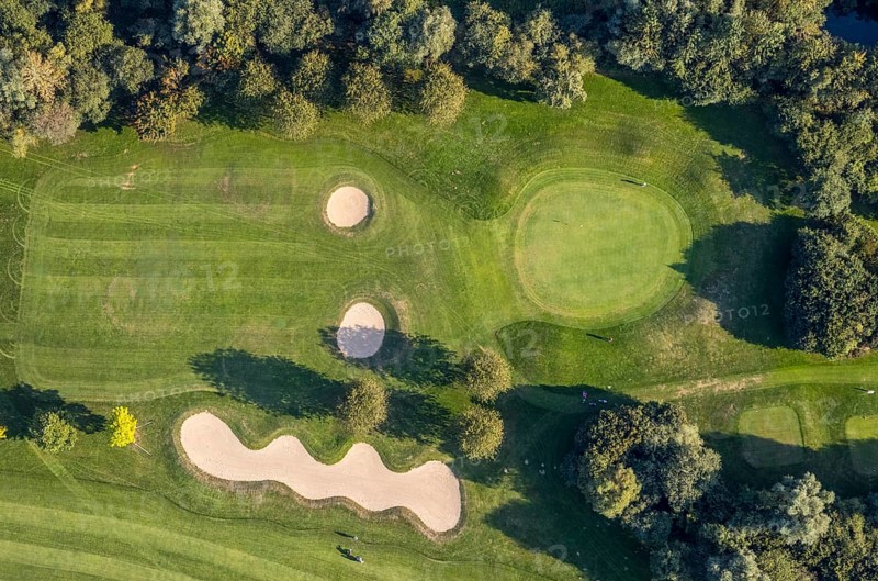 Aerial view, golf course, GolfClub Lippstadt, Lippstadt, Kreis Soest, North Rhine-Westphalia, Germany, DE, Europe, shapes and colours, golf, golf course, golf club, Kreis-Soest-Buch, KreisSoestBuch, aerial photograph, aerial photography, aerial photography, sports, overview, bird's-eye view, forest area, Wiesenhausweg, birds-eyes view, overview