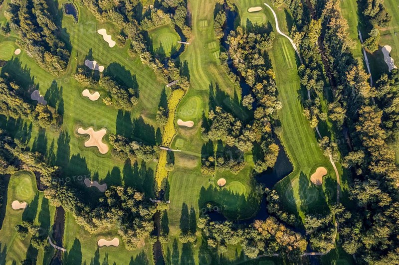 Aerial view, golf course, GolfClub Lippstadt, Lippstadt, Kreis Soest, North Rhine-Westphalia, Germany, DE, Europe, shapes and colours, golf, golf course, golf club, Kreis-Soest-Buch, KreisSoestBuch, aerial photograph, aerial photography, aerial photography, sports, overview, bird's-eye view, forest area, Wiesenhausweg, birds-eyes view, overview