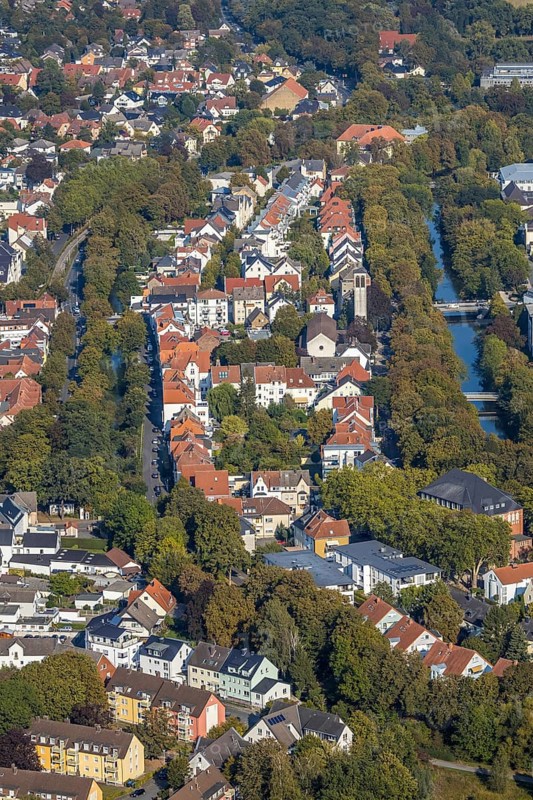 Aerial view, residential area Friedrichstraße, Möllerstraße, catholic parish church St. Elisabeth, Lippstadt, district of Soest, North Rhine-Westphalia, Germany, place of worship, DE, Europe, religious community, place of worship, property tax, green trees, holy place, real estate, church, parish, denomination, district of Soest-Buch, district of Soest-Buch, aerial photograph, aerial photography, aerial photography, religion, religious site, overview, bird's-eye view, residential complex, living and life, residential area, residential buildings, quality of life, residential neighbourhood, housing estate, bird's-eye view, overview