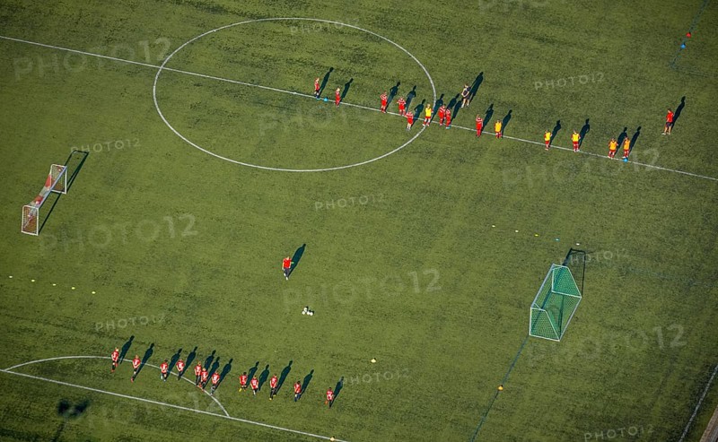 Aerial view, sports facility, SV Lippstadt 08 stadium, Liebelt-Arena, football players training, Lippstadt, Soest district, North Rhine-Westphalia, Germany, distance rule, arena, corona measures, corona virus, DE, Europe, football field, football pitch, football stadium, football club, hygiene measures, Kreis-Soest-Buch, KreisSoestBuch, aerial view, aerial photography, aerial photography, shadow casting, sports, sports facilities, sports field, sports facility, stadium, Stadion Am Bruchbaum, overview, bird's-eye view, Wiedenbrücker Straße, birds-eyes view, overview