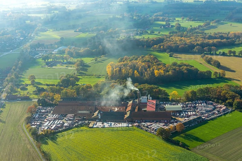 Aerial view, Dachziegelwerke Nelskamp, Schermbeck, Ruhr area, North Rhine-Westphalia, Germany, DE, Europe, commercial enterprises, commercial area, commercial park, commercial location, commercial use, industrial area, industrial building, industrial location, aerial photograph, aerial photography, aerial photography, overview, bird's-eye view, forest path, birds-eyes view, overview