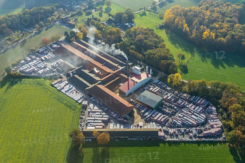 Aerial view, Dachziegelwerke Nelskamp, Schermbeck, Ruhr area, North Rhine-Westphalia, Germany, DE, Europe, commercial enterprises, commercial area, commercial park, commercial location, commercial use, industrial area, industrial building, industrial location, aerial photograph, aerial photography, aerial photography, overview, bird's-eye view, forest path, birds-eyes view, overview